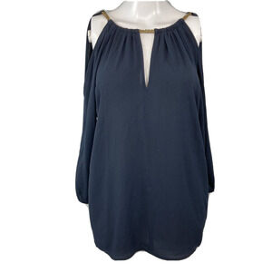 MK Michael Kors Shirt Womens‎ Sz XS Navy Blue Gold Chain Cold Shoulder V Neck